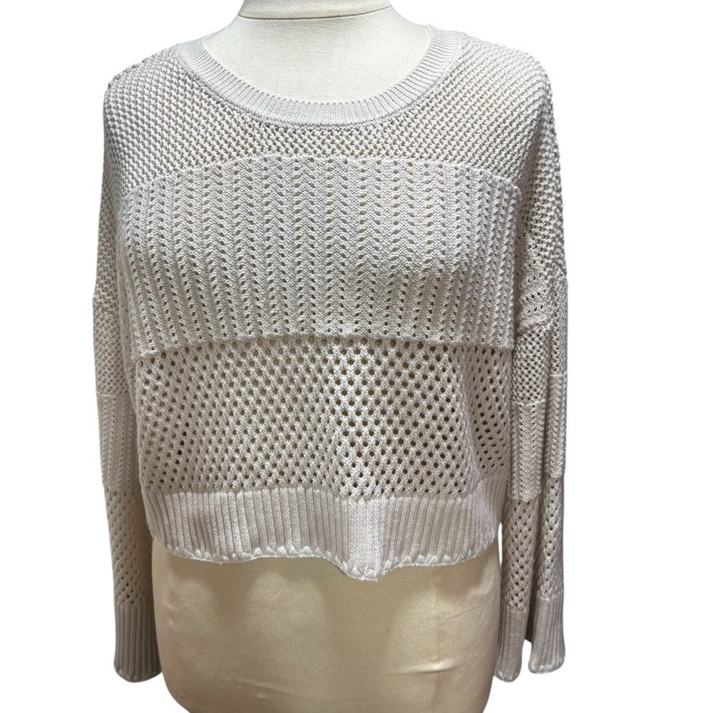 Cream Open Knit‎ Cropped Sweater XL Mesh Patchwork Pointelle Pullover #743